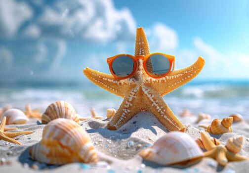 estrella de mar en Gafas de sol en el verano playa. estrella de mar con conchas marinas en el arenoso playa. foto