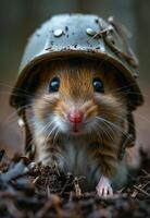 Hamster in helmet. Mouse is wearing helmet and peeking out of the hole. photo