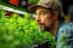 Man looks at marijuana plants in grow room. photo