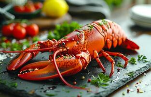 Cooked lobster is presented on slate board with fresh herbs and lemon in the background. photo