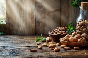 Different types of nuts in the nutshell. photo