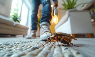 Cockroach is walking on the carpet in the living room of the house photo
