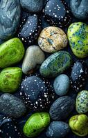 A collection of rocks with a green and black color scheme. The colors and patterns of the rocks create a visually interesting photo