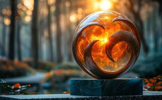 Glass sphere is illuminated by the rays of the setting sun. The concept of the awakening of nature the awakening and the awakening. photo