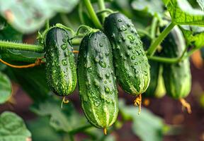 Cucumbers are growing on branch in greenhouse photo