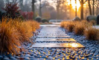 A path with stones and grass is shown in the image. The path is lined with rocks and has a few small bushes. The sun is setting photo