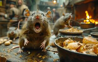 Three rats are sitting on the table in the kitchen. photo