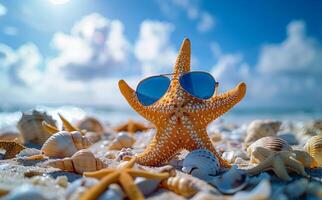 Starfish in sunglasses on the summer beach photo