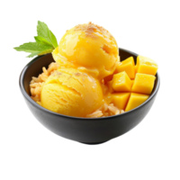 mango ice cream with rice and mango slices in a bowl png
