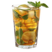 Glass of peach ice tea . Lemon ice tea as summertime refreshment isolated. Glass of ice tea with lemon slice and ice cubes . Non alcoholic beverage in glass png