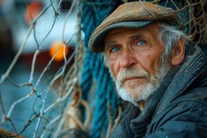 Old fisherman with beard and cap sitting in the boat and fishing net photo
