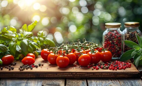 un de madera mesa con un variedad de Fresco vegetales y hierbas, incluso Tomates foto