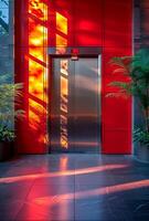 A red building with a silver elevator door. The door is open and the sunlight is shining on it photo