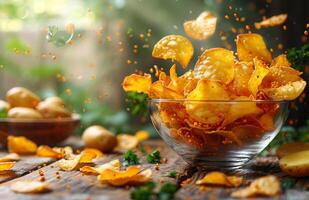 A bowl of potato chips is scattered on a wooden table. The chips are golden and crispy, and they are flying through the air. photo