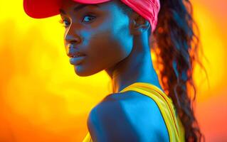 A woman with a red hat and yellow tank top is standing in front of a yellow background. photo