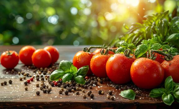 un mesa con un manojo de Fresco Tomates y albahaca. el Tomates son arreglado en un fila y el albahaca es dispersado alrededor a ellos. foto
