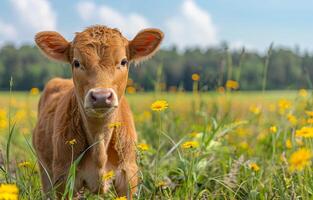 A young brown cow is standing in a field of yellow flowers. The cow is looking at the camera with a curious expression. photo
