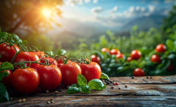 un manojo de maduro rojo Tomates son en un de madera mesa. el Tomates son rodeado por Fresco albahaca y pimienta. foto