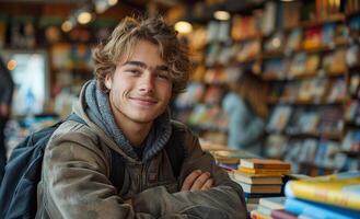 A young man is smiling in a library with a backpack on his lap photo
