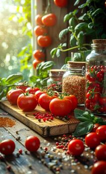 un de madera corte tablero con un manojo de Tomates y especias en eso foto