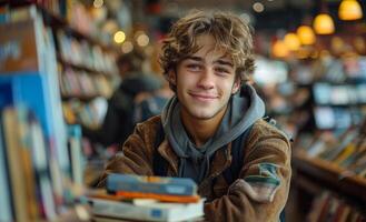 A young man is smiling and sitting in a library with a stack of books in front of him photo