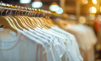 A rack of white shirts hanging in a store. The shirts are all the same color and are neatly hung up. photo