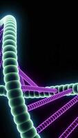 Black background. Design.A bright swirling shape with bright dna-shaped tones rotating around each other in animation. video