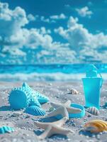 Beach, a blue sunblock, beach toys, bright blue sky background, photo