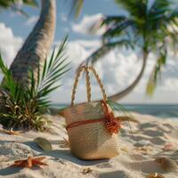 A small purse is sitting on the sand next to a palm tree photo