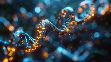 DNA Double Helix with CRISPR Scissors A vibrant, swirling double helix composed of glowing blue and yellow strands, representing DNA. At its center, a pair of sharp, metallic scissors photo