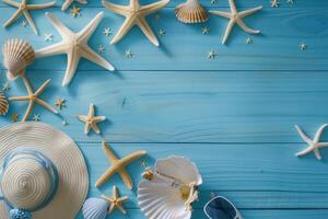 top view beach accessories on blue wooden background with copy space photo