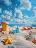 Beach, a blue sunblock, beach toys, bright blue sky background photo