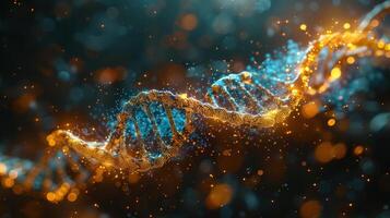 DNA Double Helix with CRISPR Scissors A vibrant, swirling double helix composed of glowing blue and yellow strands, representing DNA. At its center, a pair of sharp, metallic scissors photo