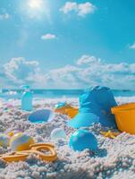 Beach, a blue sunblock, beach toys, bright blue sky background photo