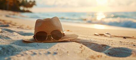 A straw hat with sunglasses on it is laying on the sand at the beach photo