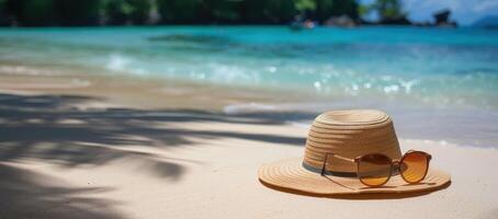 a hat and sunglasses is on a beach photo