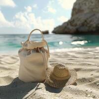 A beach scene with a bag and a bunch of shells photo