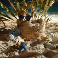 A beach scene with a tan purse, sunglasses, and a starfish photo