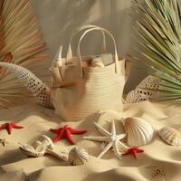 A beach scene with a bag and a bunch of shells photo