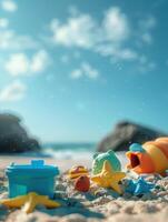 A blue container with a lid sits on the sand next to a pile of seashells photo