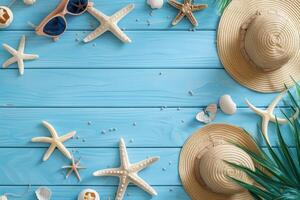 top view beach accessories on blue wooden background with copy space photo