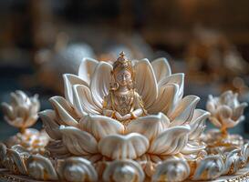 a white buddha statue sits on top of a lotus flower photo