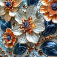 Close-up of intricate floral mosaic art in vibrant colors with detailed patterns and textures, showcasing artistic craftsmanship. photo