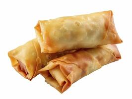 Three delicious, crispy spring rolls stacked together on a white background, perfect for food and culinary themes. photo