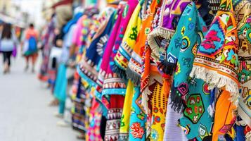 Colorful traditional garments displayed in a busy street market, showcasing intricate designs and vibrant patterns. photo