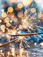 Close-up of sparkling sparklers with golden bokeh lights in the background, creating a festive and magical atmosphere. photo