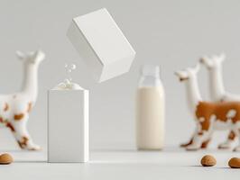 Minimalistic composition featuring a floating milk carton, almond nuts, and toy cows in the background, perfect for dairy and nut milk themes. photo