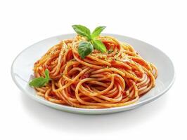Delicious spaghetti pasta with tomato sauce and fresh basil leaves on a white plate, isolated on a white background. Perfect for Italian cuisine lovers. photo