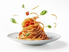 A delicious plate of spaghetti with tomato sauce and basil leaves, captured in a dynamic and appetizing presentation. photo