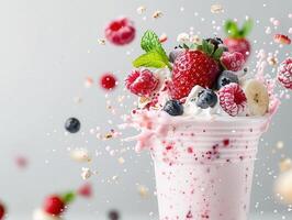 Refreshing berry smoothie with strawberries, raspberries, and blueberries, garnished with mint leaves, capturing vibrant splashes and fresh fruits. photo